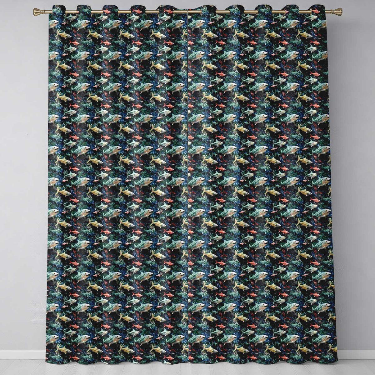 Colorful Tropical Fish Dense Foliage Seamless Pattern  Readymade Eyelet Ring Top Thermal 100% Blackout Curtains