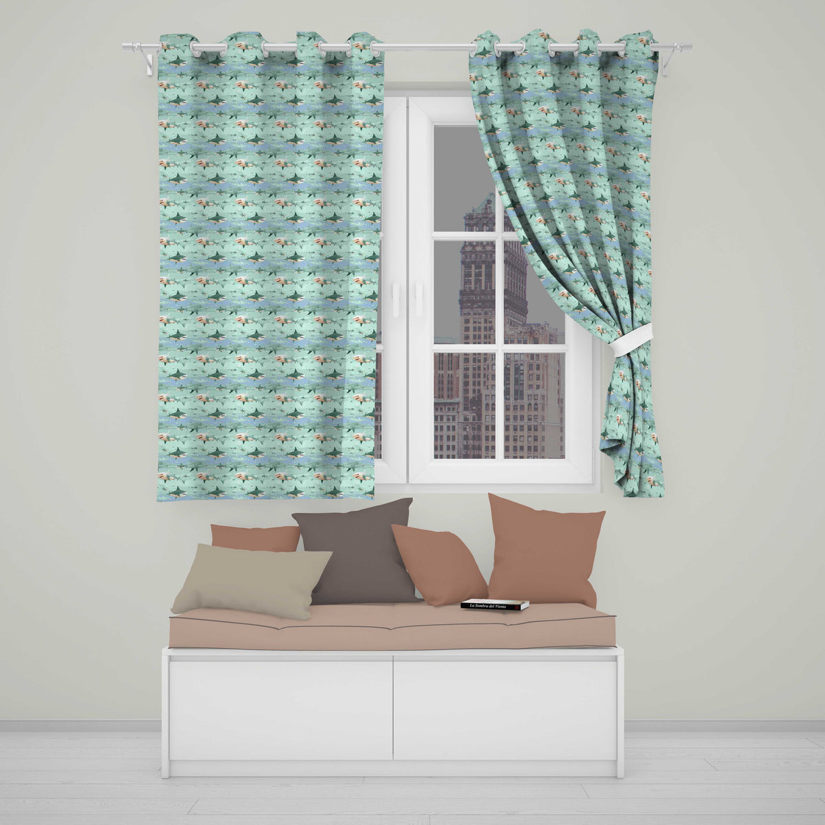 Cartoon Sharks Blue Ocean Seamless Pattern  Readymade Eyelet Ring Top Thermal 100% Blackout Curtains