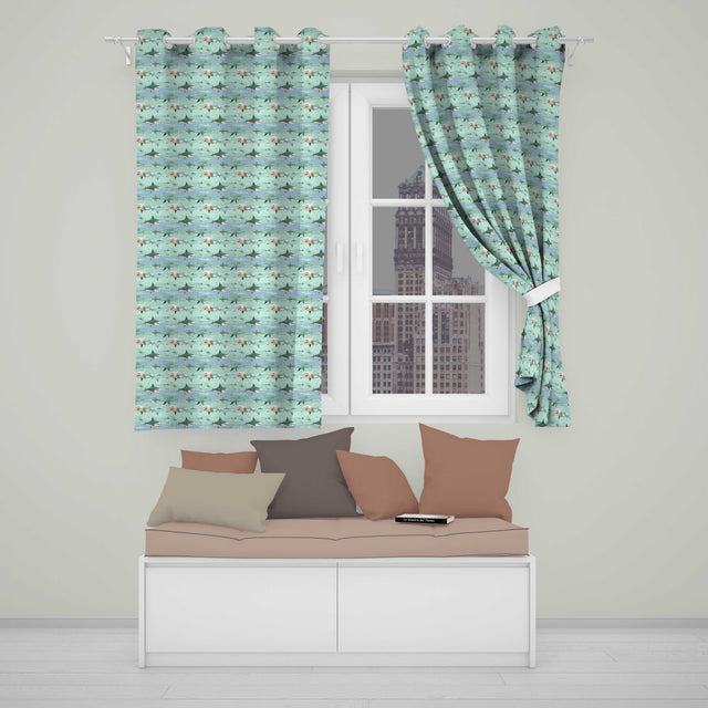 Cartoon Sharks Blue Ocean Seamless Pattern  Readymade Eyelet Ring Top Thermal 100% Blackout Curtains