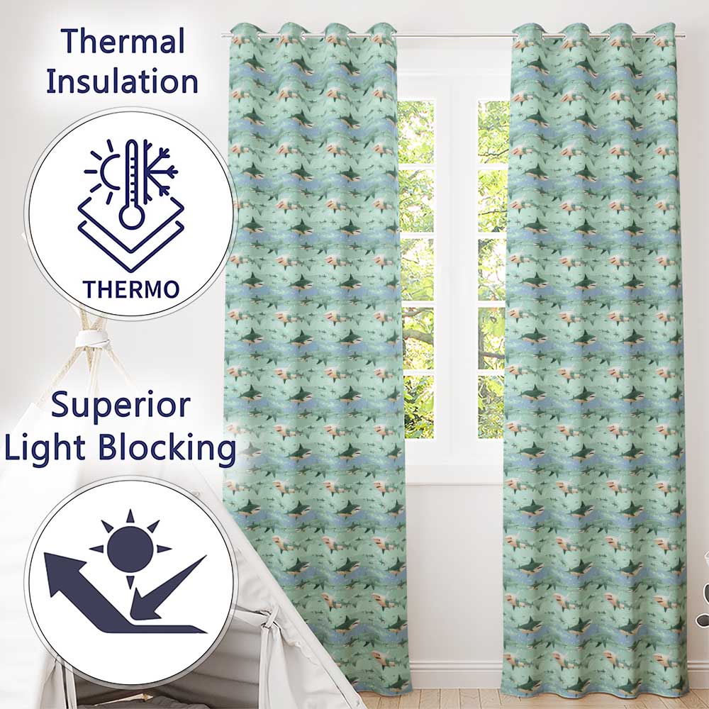 Cartoon Sharks Blue Ocean Seamless Pattern  Readymade Eyelet Ring Top Thermal 100% Blackout Curtains
