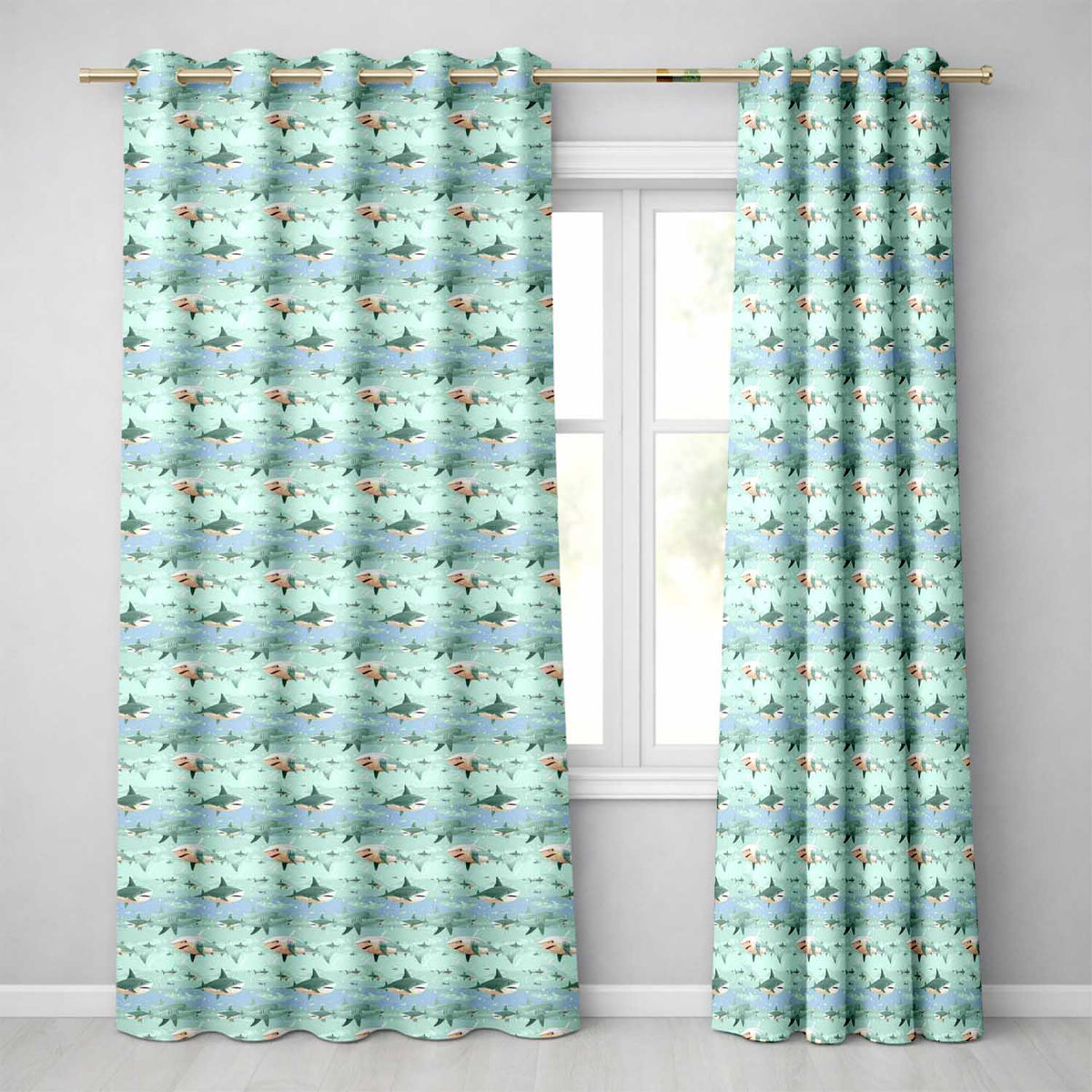 Cartoon Sharks Blue Ocean Seamless Pattern  Readymade Eyelet Ring Top Thermal 100% Blackout Curtains