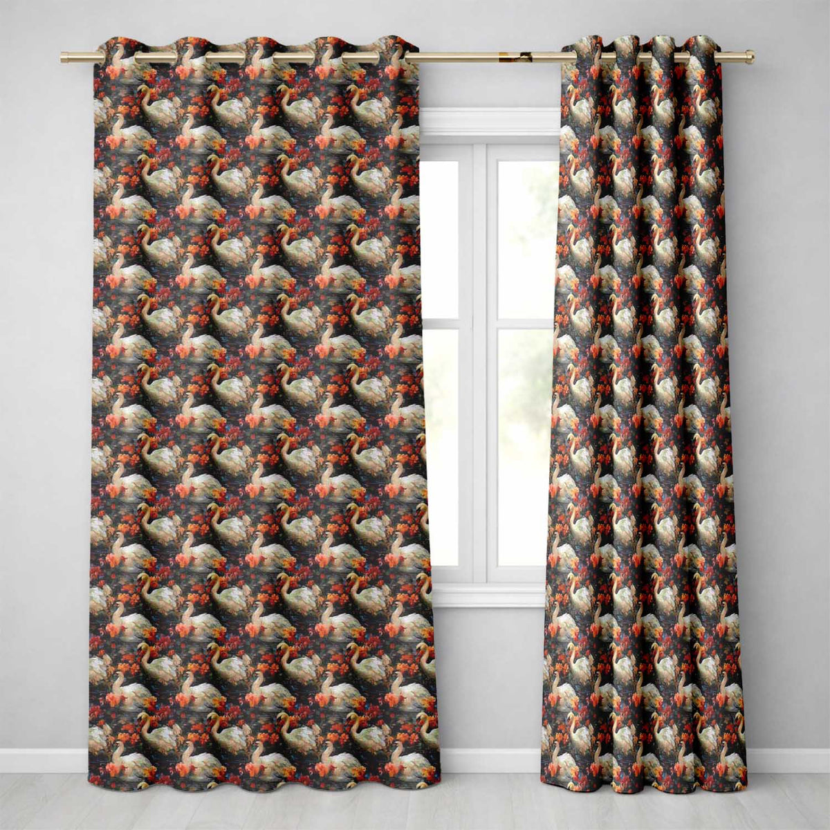 Elegant White Swan with Red Floral Garden Seamless Pattern  Readymade Eyelet Ring Top Thermal 100% Blackout Curtains