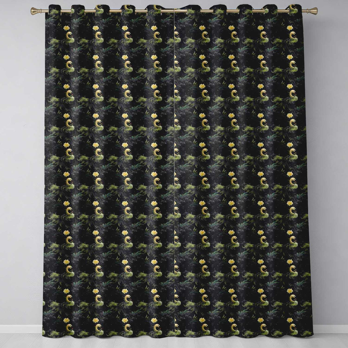 Golden Swan Dark Leaves Floral Night Seamless Pattern  Readymade Eyelet Ring Top Thermal 100% Blackout Curtains
