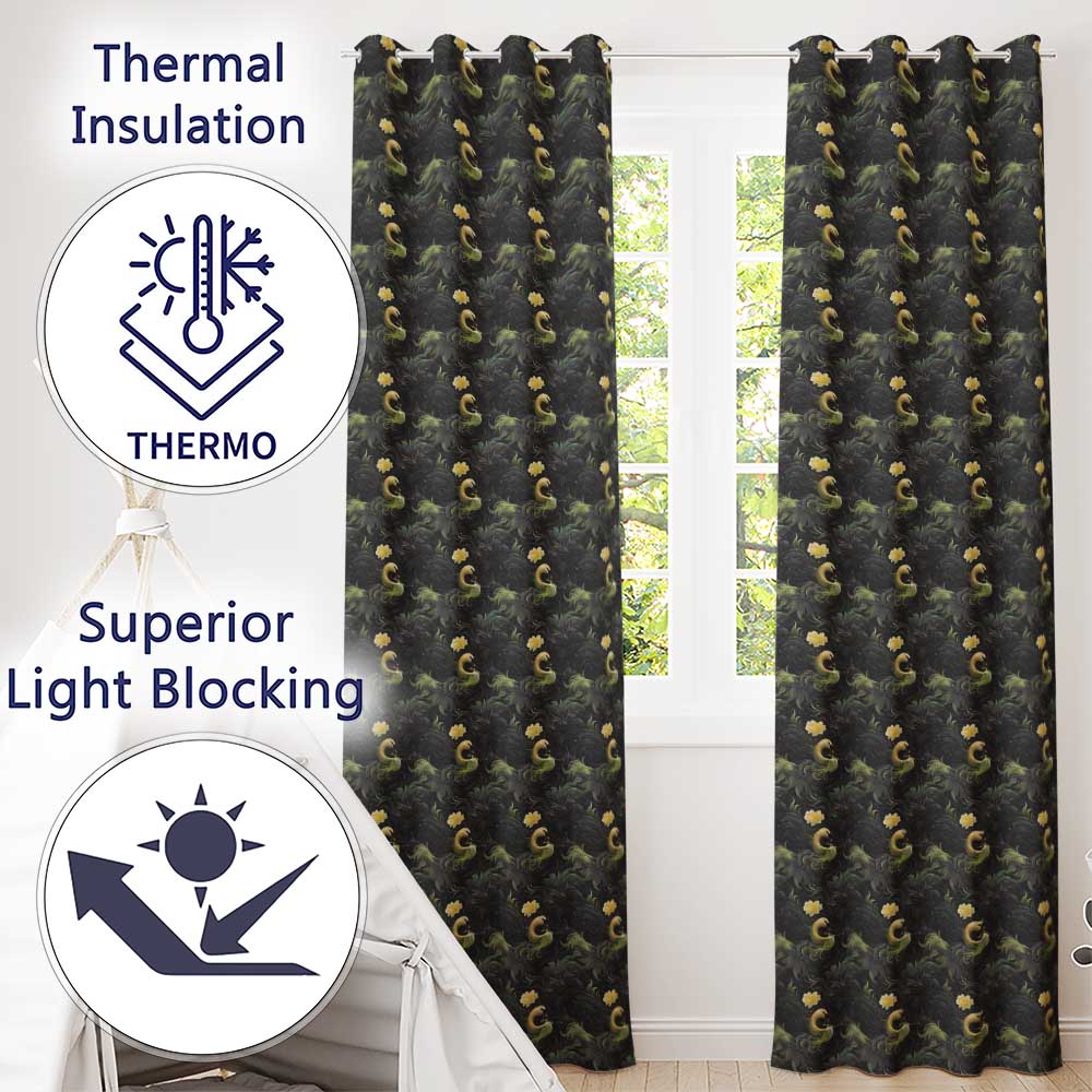 Golden Swan Dark Leaves Floral Night Seamless Pattern  Readymade Eyelet Ring Top Thermal 100% Blackout Curtains