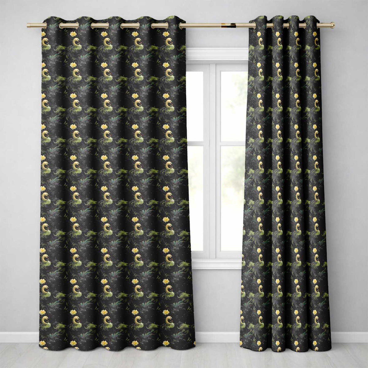 Golden Swan Dark Leaves Floral Night Seamless Pattern  Readymade Eyelet Ring Top Thermal 100% Blackout Curtains