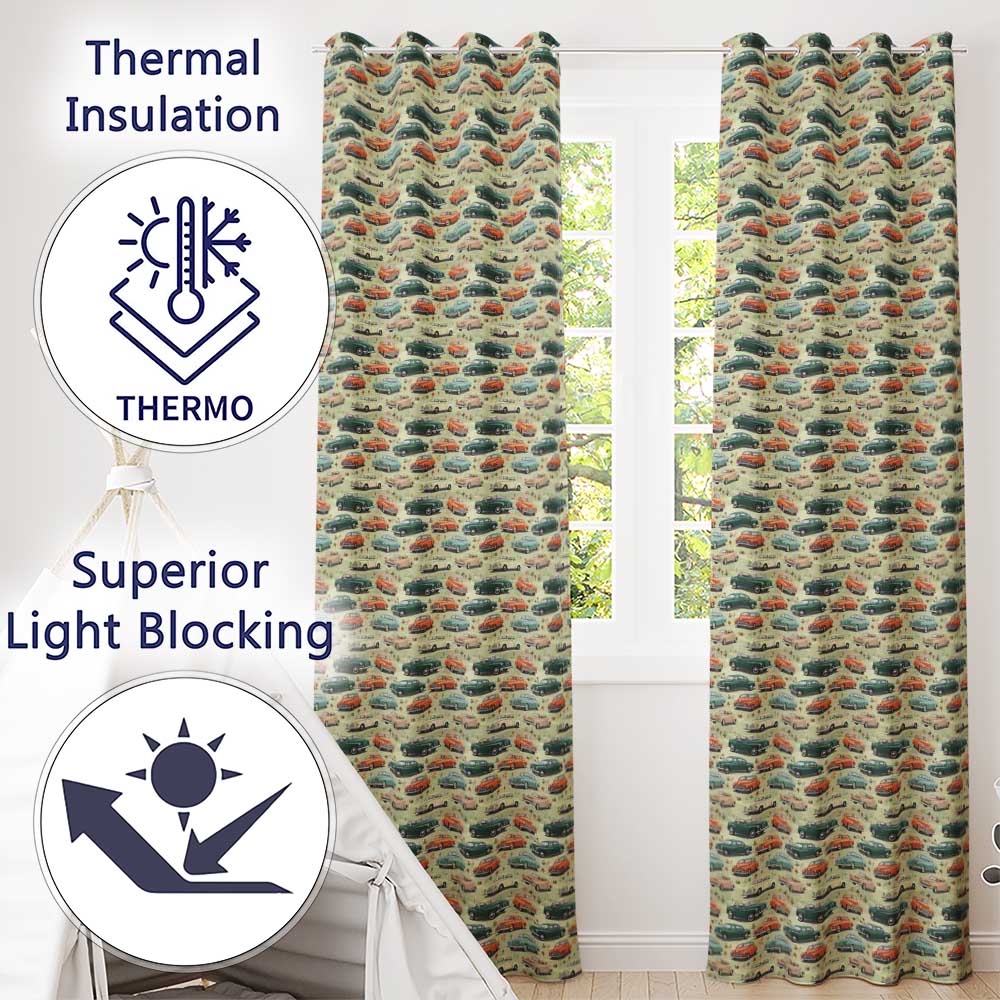 Colorful Classic Cars with Floral Detail Seamless Pattern  Readymade Eyelet Ring Top Thermal 100% Blackout Curtains