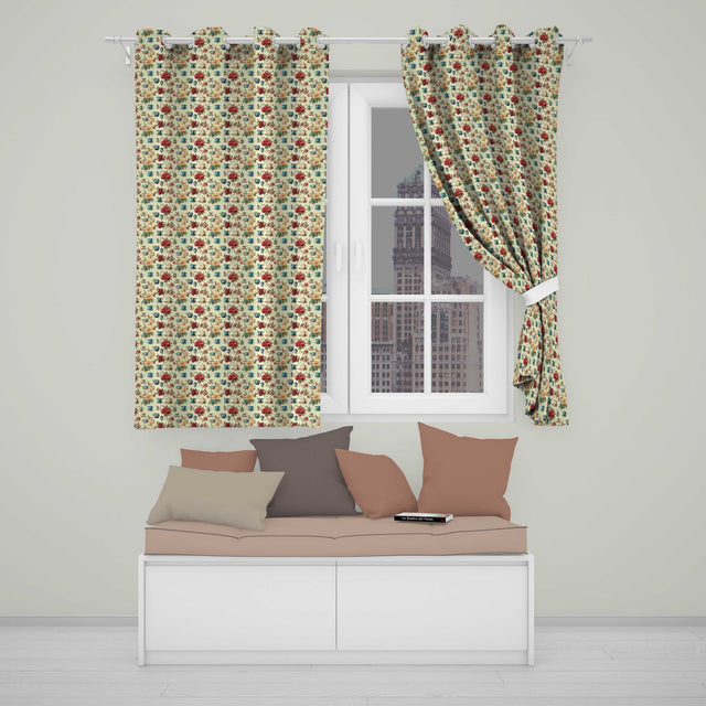 Floral Tea Cups Vintage Botanical Garden Seamless Pattern  Readymade Eyelet Ring Top Thermal 100% Blackout Curtains