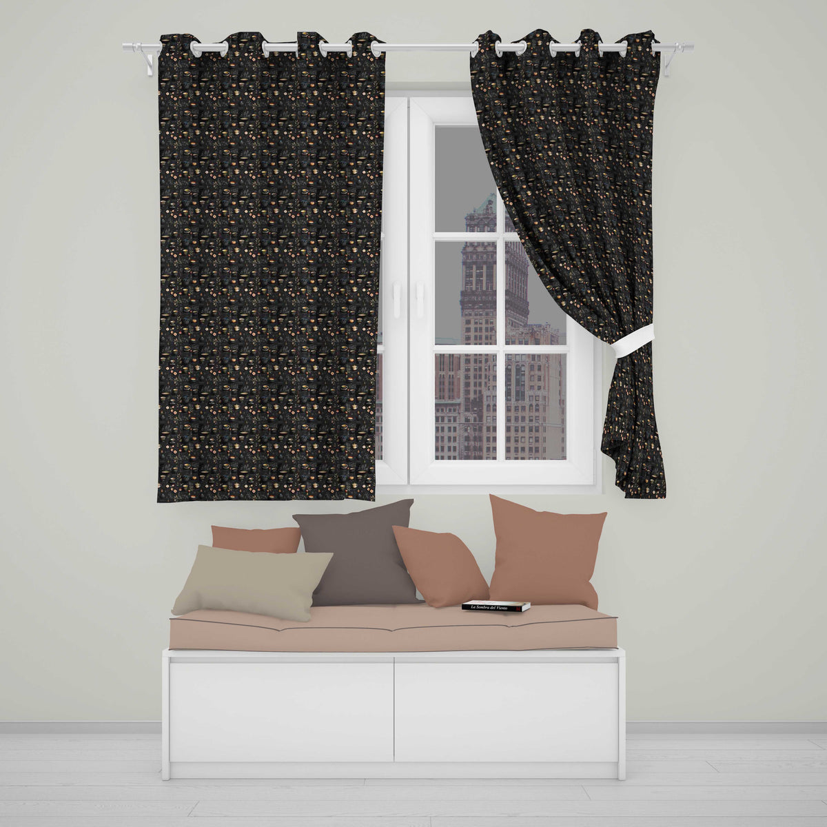 Dark Elegant Tea Coffee Floral Pattern Seamless Pattern  Readymade Eyelet Ring Top Thermal 100% Blackout Curtains