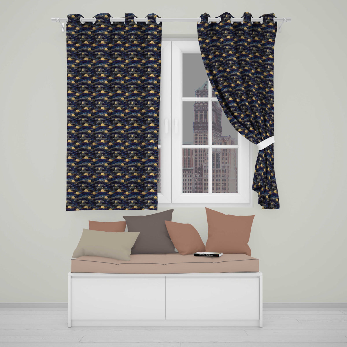 Golden Moon Ocean Waves Abstract Night Seamless Pattern  Readymade Eyelet Ring Top Thermal 100% Blackout Curtains