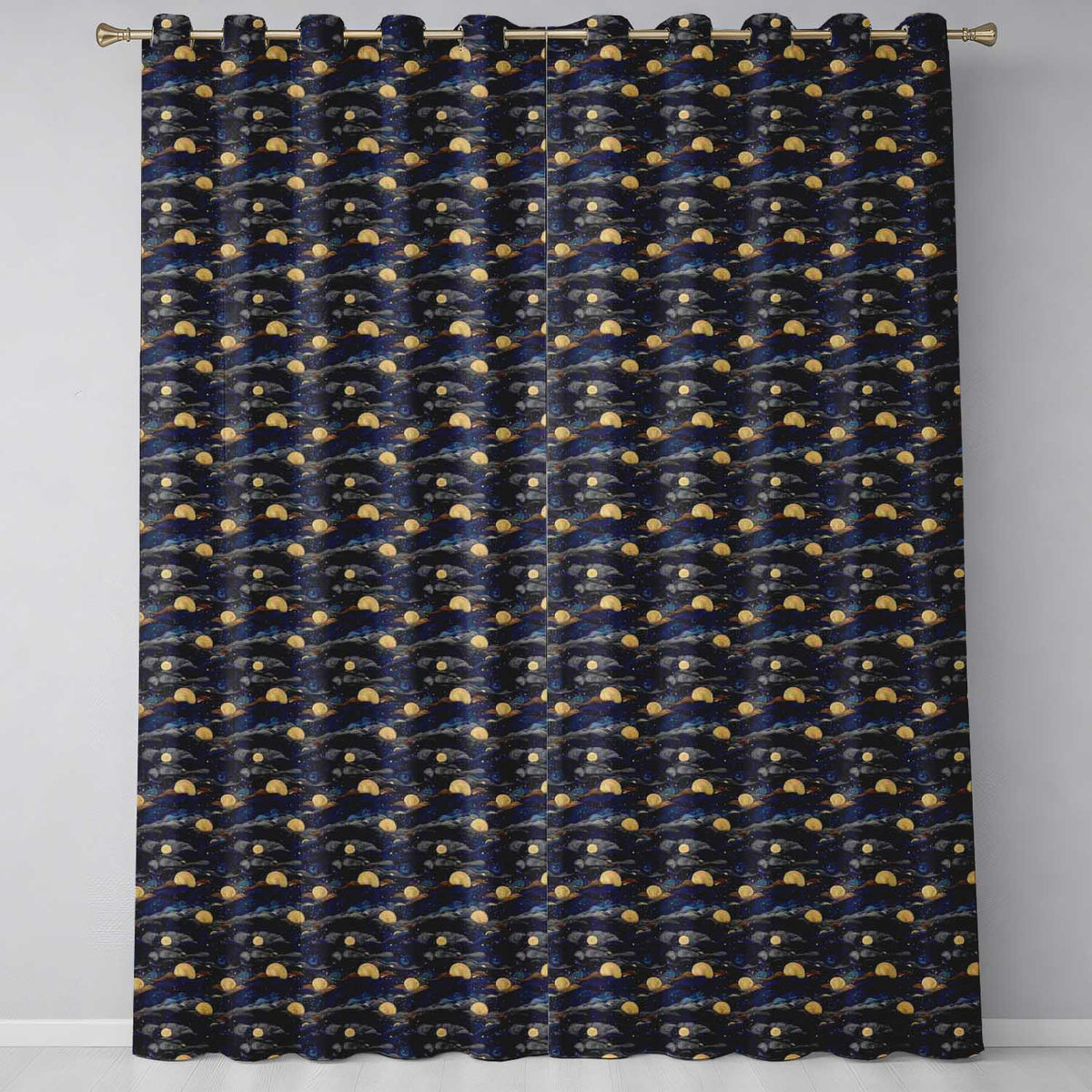 Golden Moon Ocean Waves Abstract Night Seamless Pattern  Readymade Eyelet Ring Top Thermal 100% Blackout Curtains