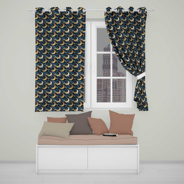Golden Crescent Moon Ocean Waves Night Seamless Pattern  Readymade Eyelet Ring Top Thermal 100% Blackout Curtains