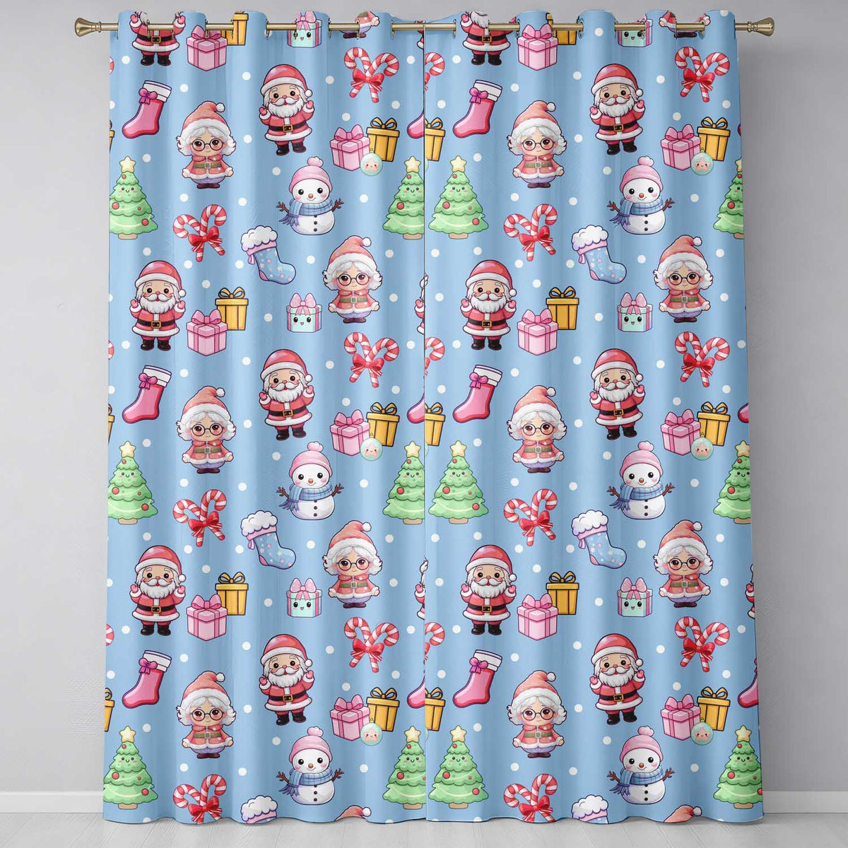 Cute Kawaii Santa Snowman Gift Characters Snow Blue Seamless Pattern  Readymade Eyelet Ring Top Thermal 100% Blackout Curtains