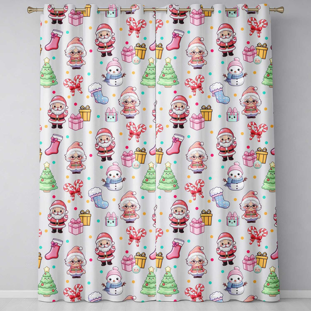 Cute Kawaii Santa Snowman Gift Characters Cream Background Seamless Pattern Readymade Eyelet Ring Top Thermal 100% Blackout Curtains