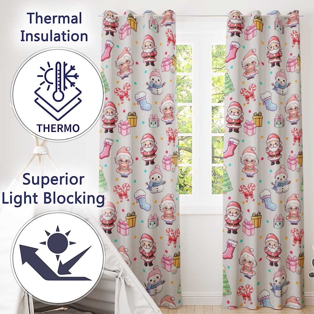 Cute Kawaii Santa Snowman Gift Characters Cream Background Seamless Pattern Readymade Eyelet Ring Top Thermal 100% Blackout Curtains
