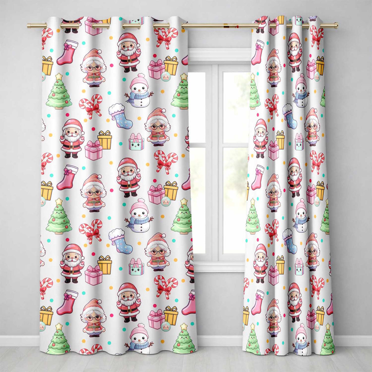 Cute Kawaii Santa Snowman Gift Characters Cream Background Seamless Pattern Readymade Eyelet Ring Top Thermal 100% Blackout Curtains