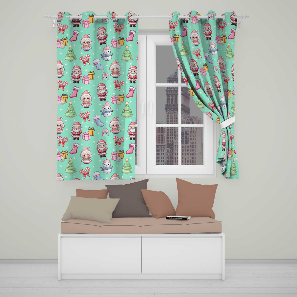 Cute Kawaii Santa Snowman Gift Characters Mint Green Background Seamless Pattern Readymade Eyelet Ring Top Thermal 100% Blackout Curtains
