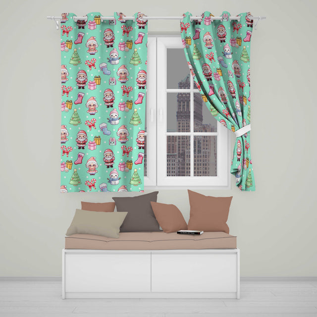 Cute Kawaii Santa Snowman Gift Characters Mint Green Background Seamless Pattern Readymade Eyelet Ring Top Thermal 100% Blackout Curtains
