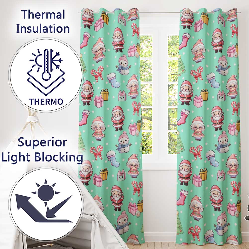 Cute Kawaii Santa Snowman Gift Characters Mint Green Background Seamless Pattern Readymade Eyelet Ring Top Thermal 100% Blackout Curtains