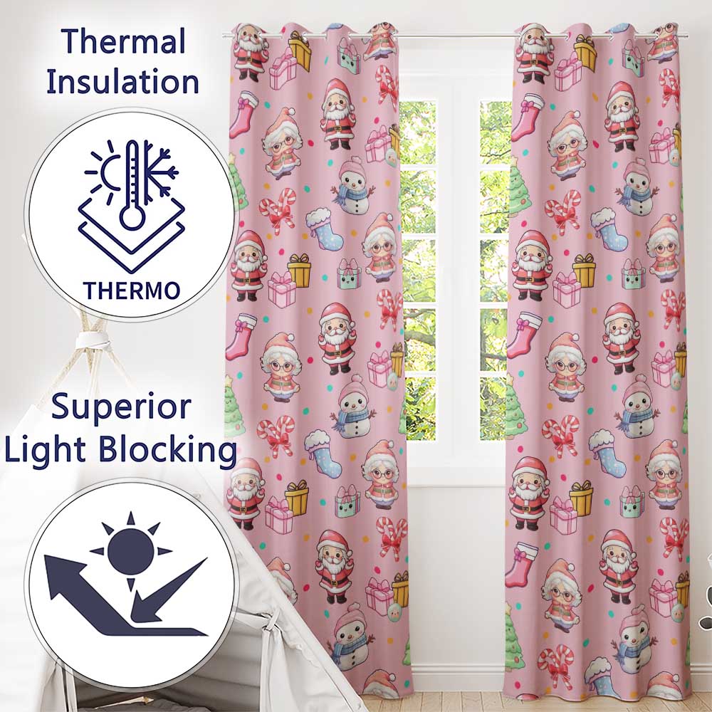 Cute Kawaii Santa Snowman Gift Characters Pink Background Seamless Pattern Readymade Eyelet Ring Top Thermal 100% Blackout Curtains
