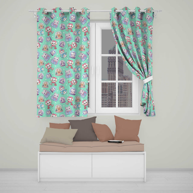 Cute Kawaii Christmas Pets Snow Globe Gifts Mint Background Seamless Pattern Readymade Eyelet Ring Top Thermal 100% Blackout Curtains