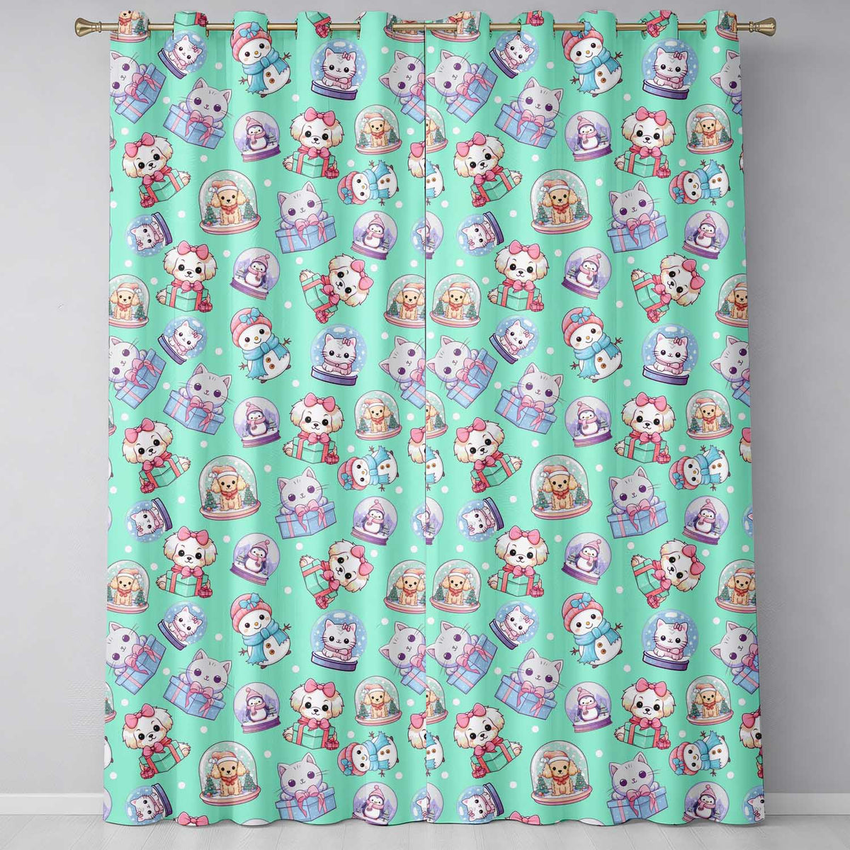 Cute Kawaii Christmas Pets Snow Globe Gifts Mint Background Seamless Pattern Readymade Eyelet Ring Top Thermal 100% Blackout Curtains