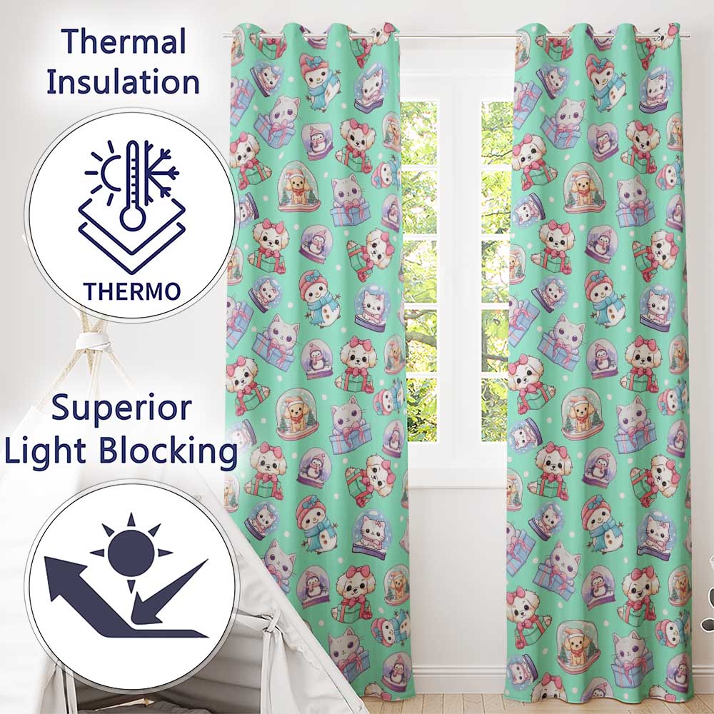Cute Kawaii Christmas Pets Snow Globe Gifts Mint Background Seamless Pattern Readymade Eyelet Ring Top Thermal 100% Blackout Curtains