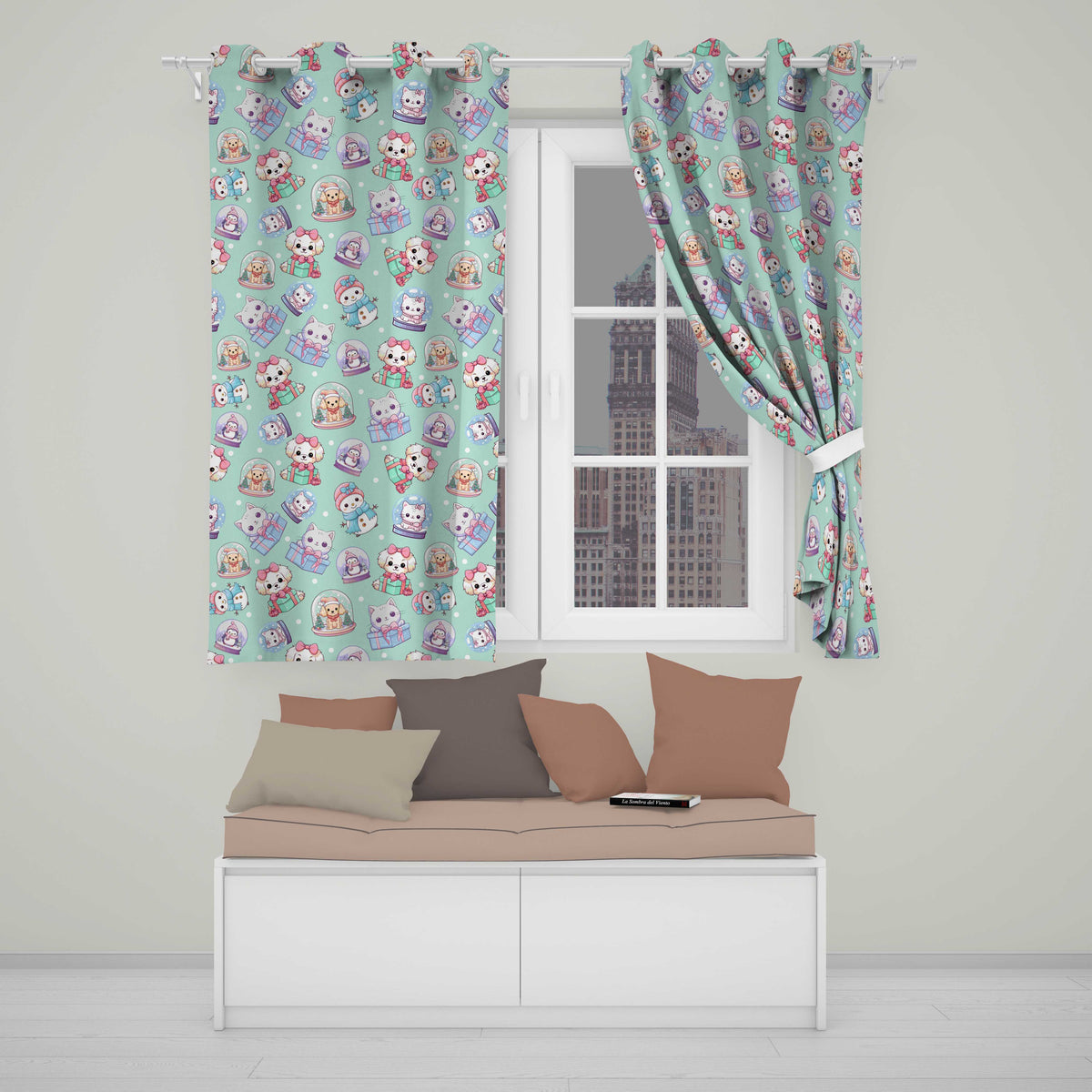 Cute Kawaii Christmas Pets Snow Globe Gifts Teal Background Seamless Pattern Readymade Eyelet Ring Top Thermal 100% Blackout Curtains