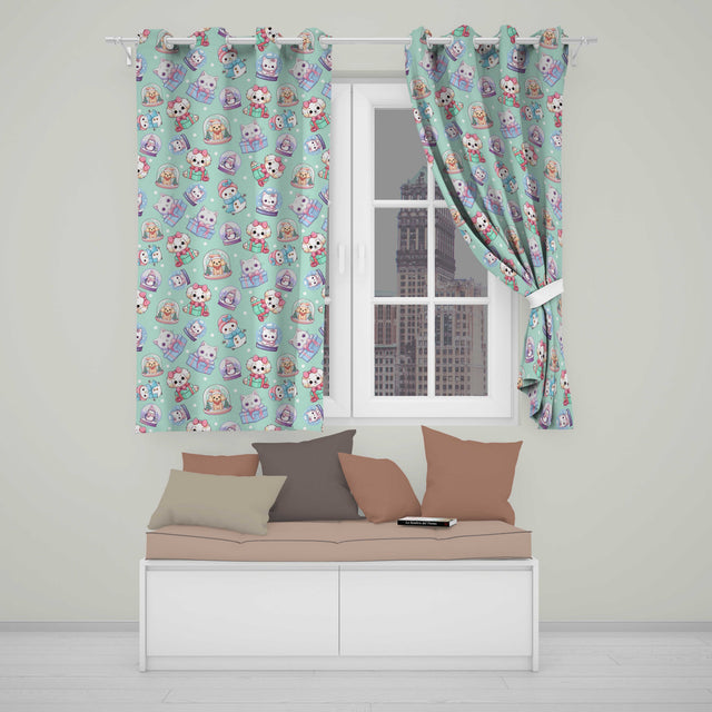 Cute Kawaii Christmas Pets Snow Globe Gifts Teal Background Seamless Pattern Readymade Eyelet Ring Top Thermal 100% Blackout Curtains