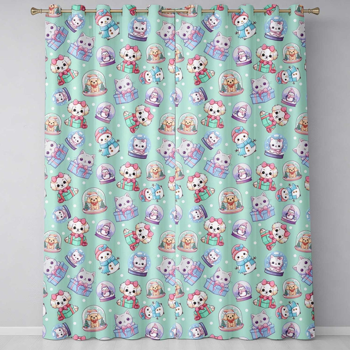 Cute Kawaii Christmas Pets Snow Globe Gifts Teal Background Seamless Pattern Readymade Eyelet Ring Top Thermal 100% Blackout Curtains