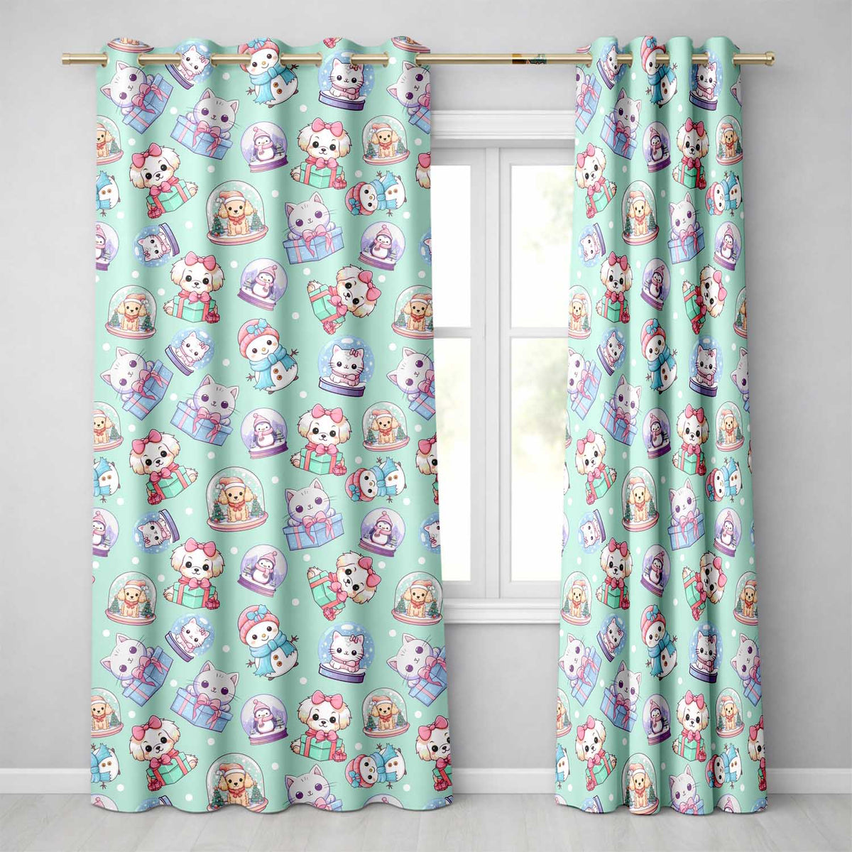 Cute Kawaii Christmas Pets Snow Globe Gifts Teal Background Seamless Pattern Readymade Eyelet Ring Top Thermal 100% Blackout Curtains