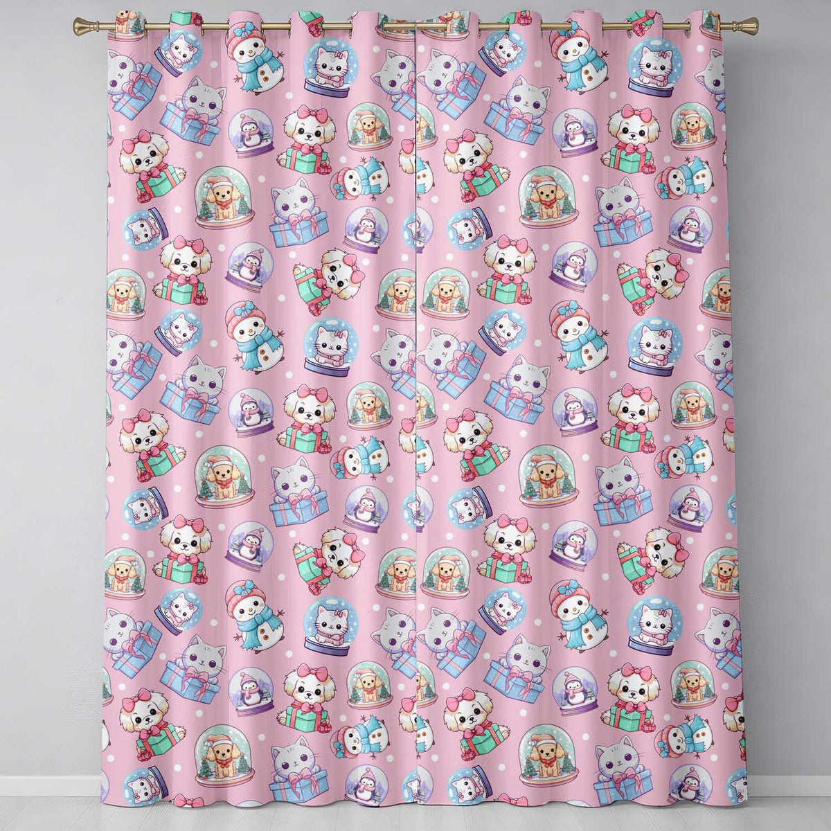 Cute Kawaii Christmas Pets Snow Globe Gifts Pink Background Seamless Pattern Readymade Eyelet Ring Top Thermal 100% Blackout Curtains