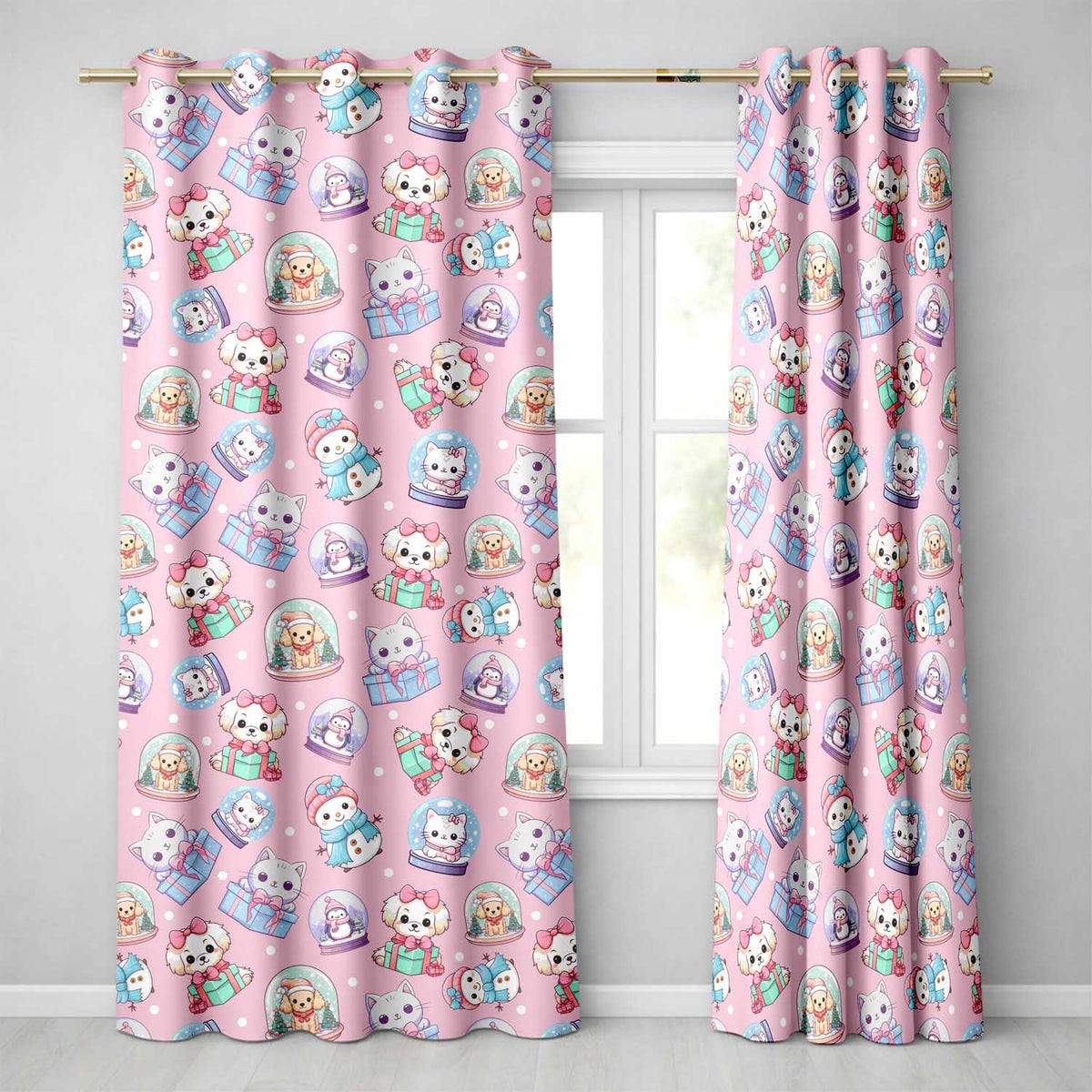 Cute Kawaii Christmas Pets Snow Globe Gifts Pink Background Seamless Pattern Readymade Eyelet Ring Top Thermal 100% Blackout Curtains