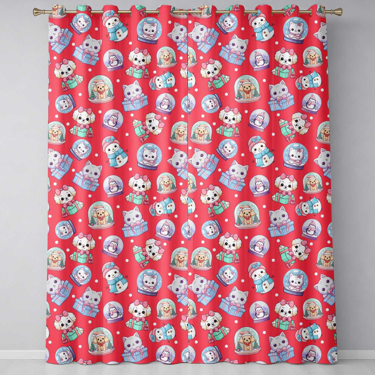 Cute Kawaii Christmas Pets Snow Globe Gifts Red Background Seamless Pattern Readymade Eyelet Ring Top Thermal 100% Blackout Curtains