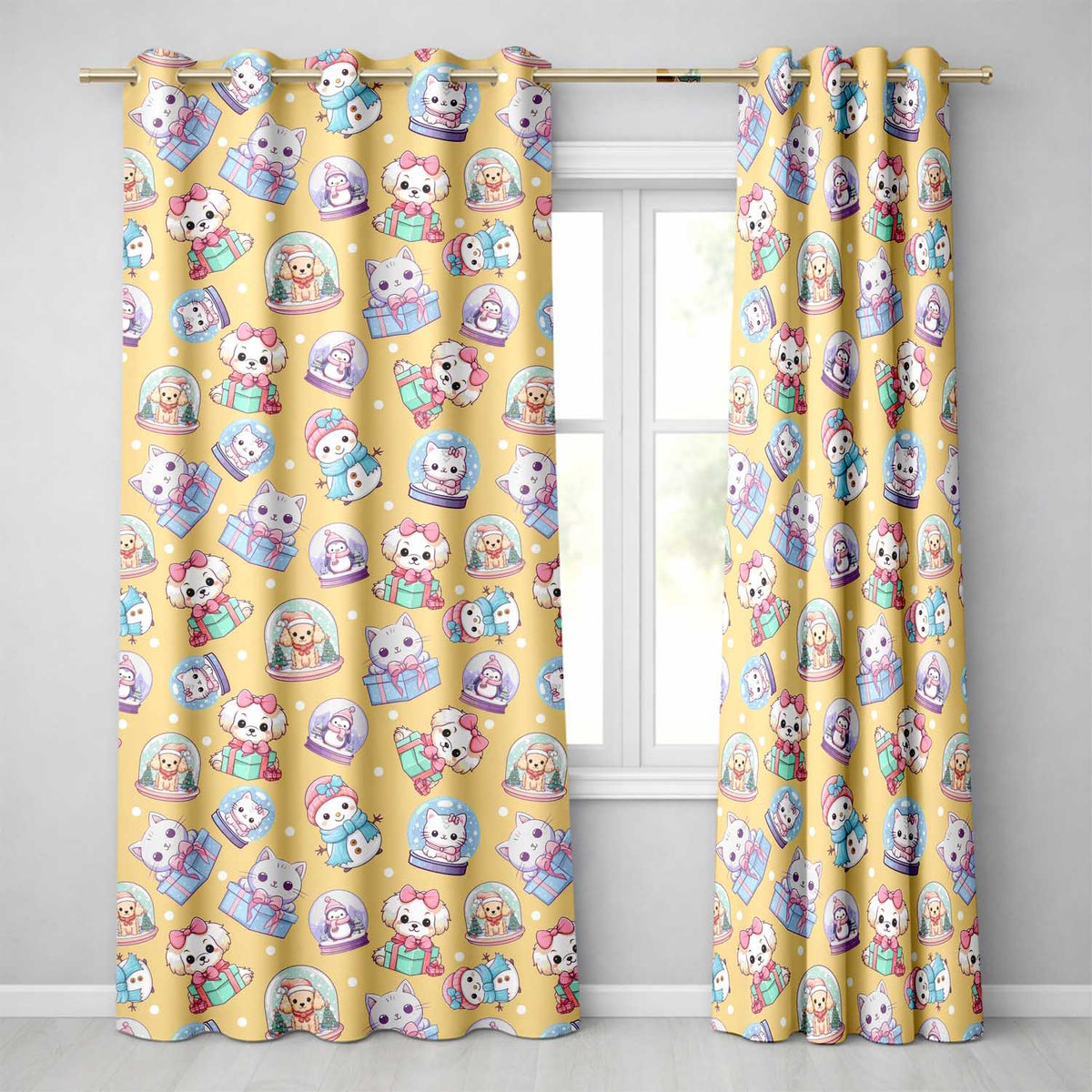 Cute Kawaii Christmas Pets Snow Globe Gifts Yellow Background Seamless Pattern Readymade Eyelet Ring Top Thermal 100% Blackout Curtains