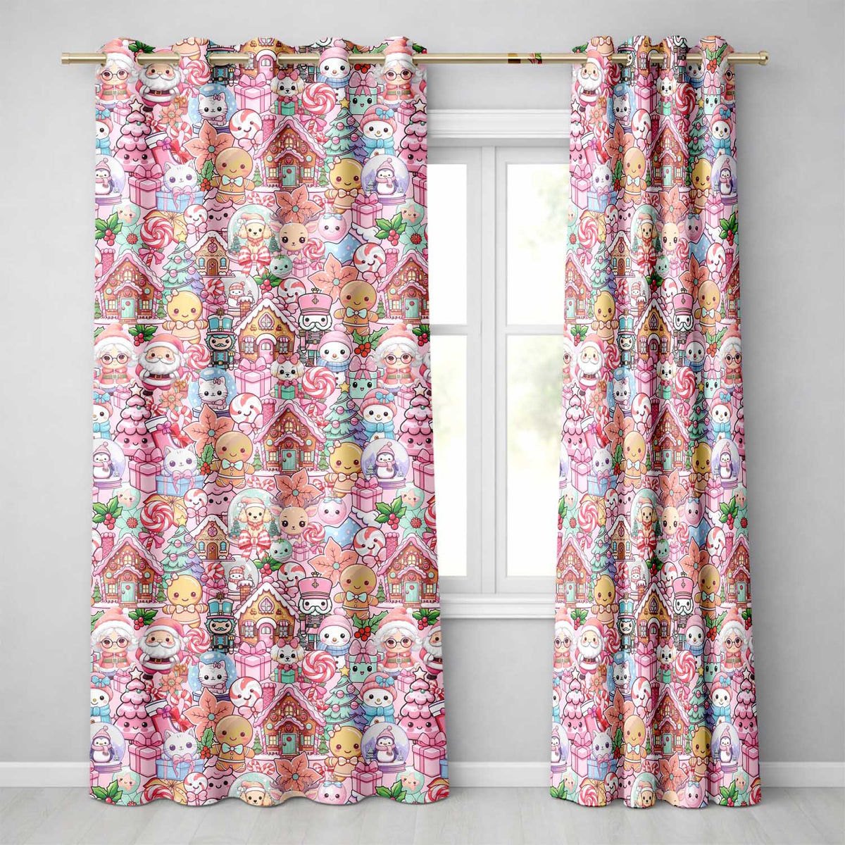 Cute Christmas Gingerbread Candy Soft Pink Background Seamless Pattern  Readymade Eyelet Ring Top Thermal 100% Blackout Curtains