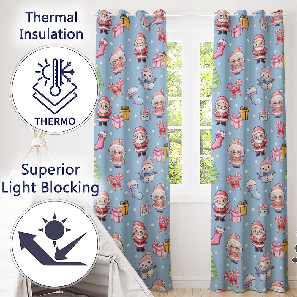 Cute Santa Snowman Gifts Candy Cane Sky Blue Background Seamless Pattern  Readymade Eyelet Ring Top Thermal 100% Blackout Curtains