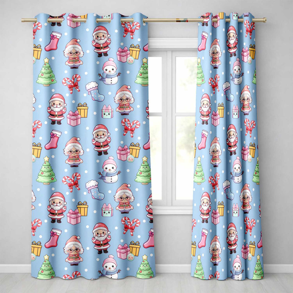 Cute Santa Snowman Gifts Candy Cane Sky Blue Background Seamless Pattern  Readymade Eyelet Ring Top Thermal 100% Blackout Curtains