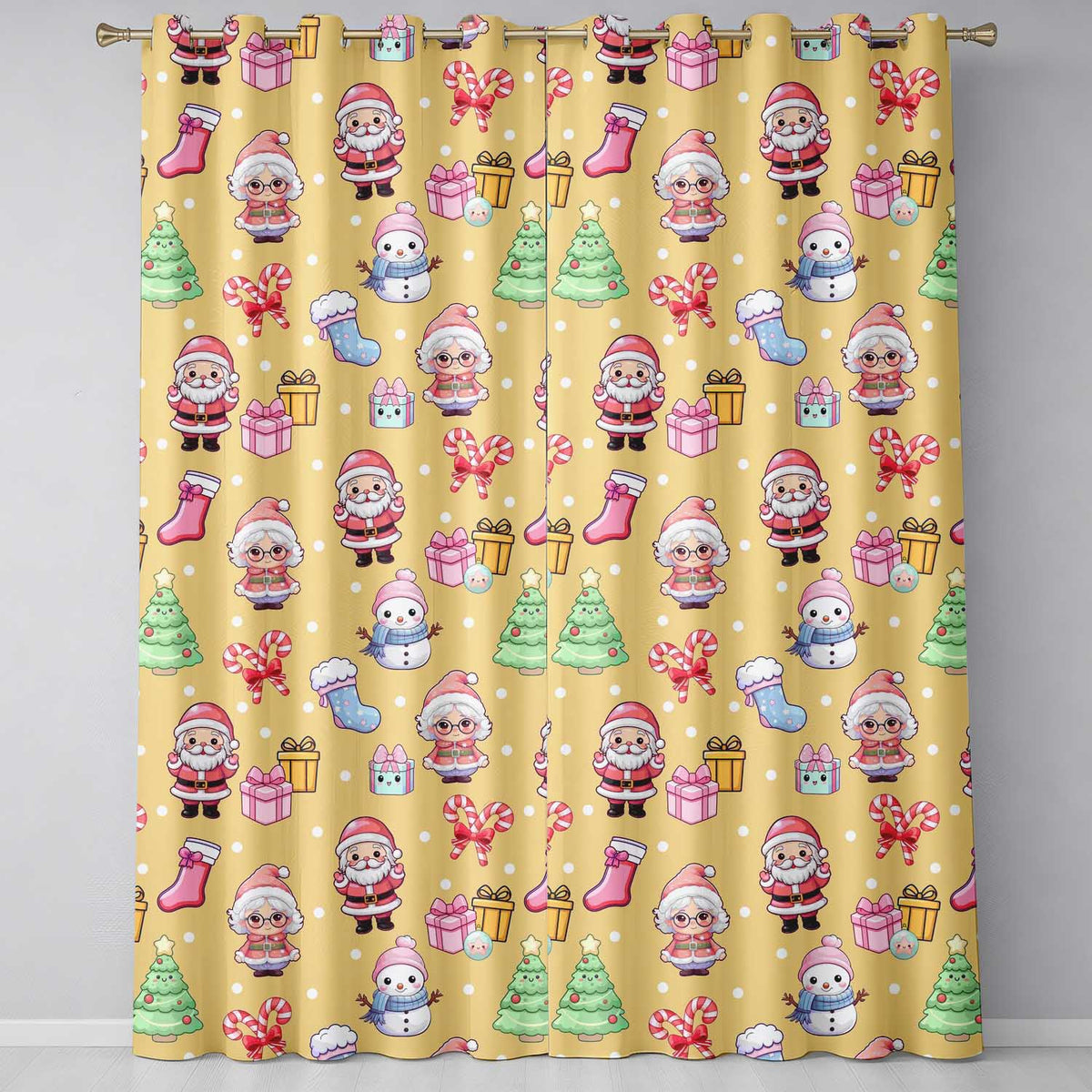 Cute Santa Snowman Gifts Candy Cane Gold Background Seamless Pattern  Readymade Eyelet Ring Top Thermal 100% Blackout Curtains