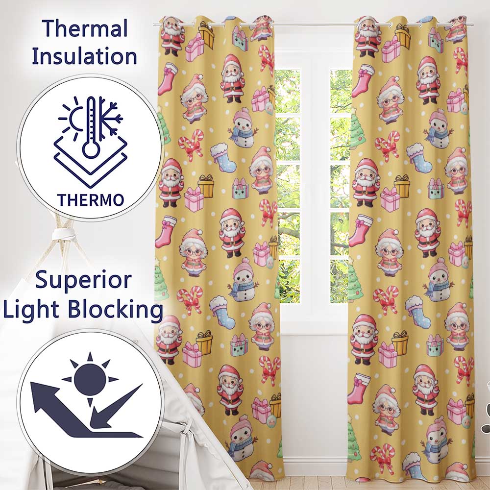 Cute Santa Snowman Gifts Candy Cane Gold Background Seamless Pattern  Readymade Eyelet Ring Top Thermal 100% Blackout Curtains