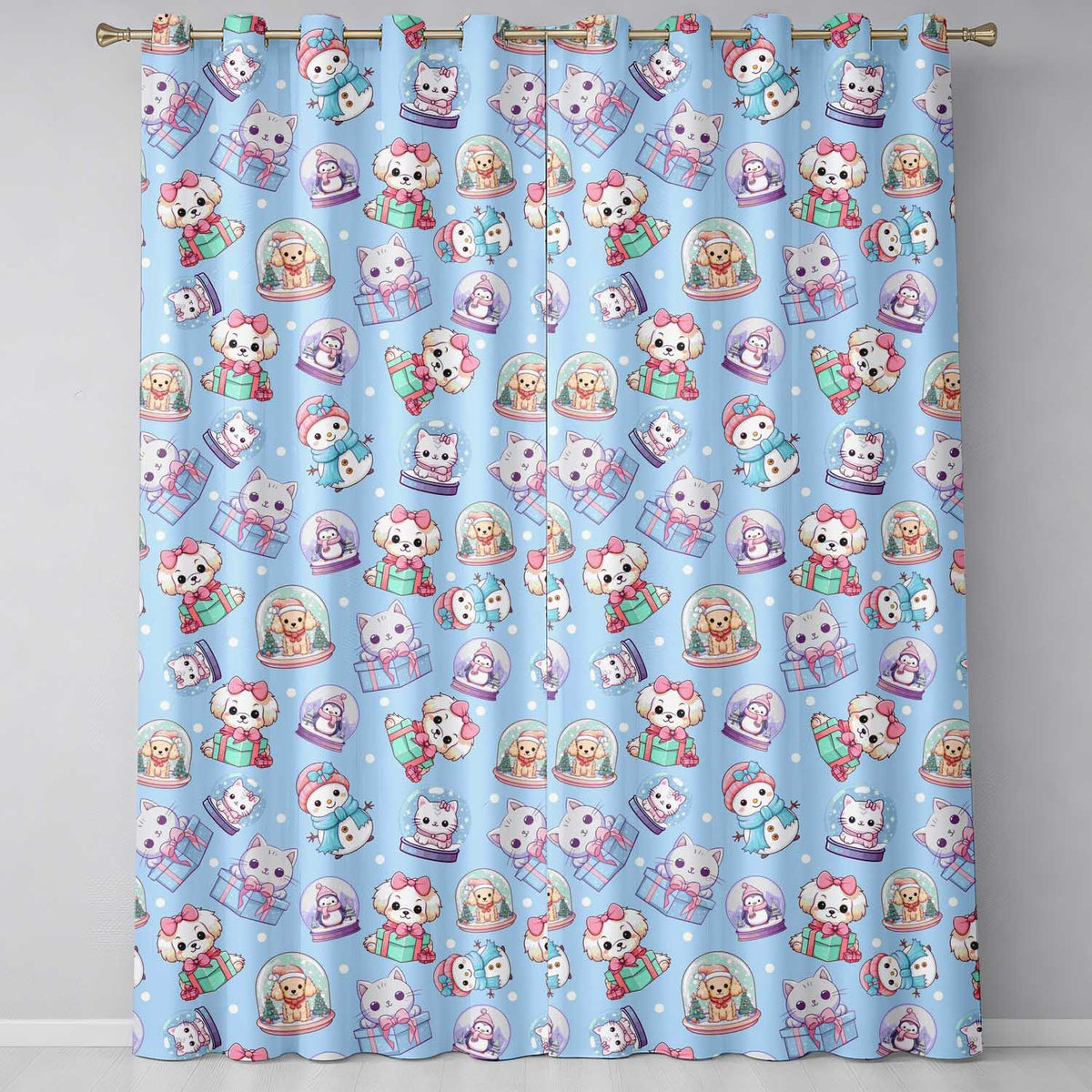 Cute Cute Kittens Puppies Snow Globes Christmas Seamless Pattern  Readymade Eyelet Ring Top Thermal 100% Blackout Curtains