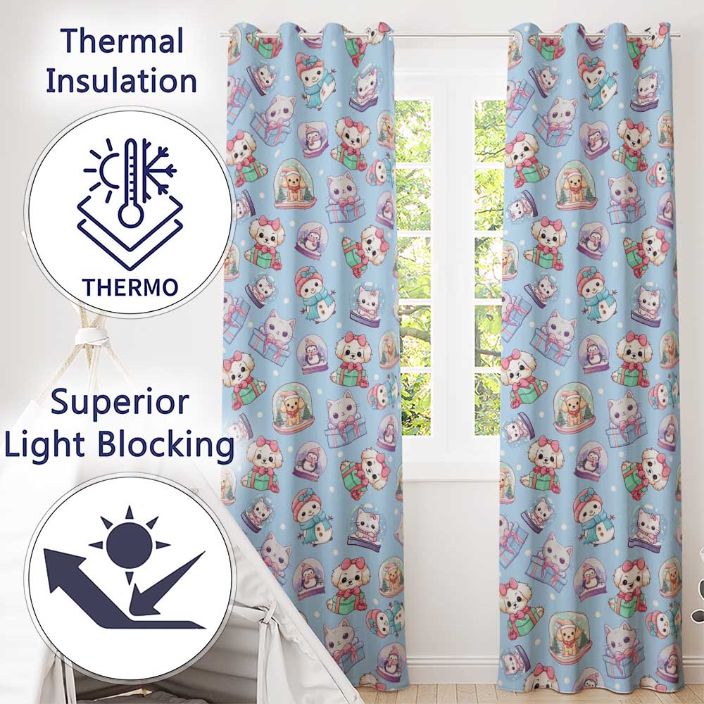 Cute Cute Kittens Puppies Snow Globes Christmas Seamless Pattern  Readymade Eyelet Ring Top Thermal 100% Blackout Curtains