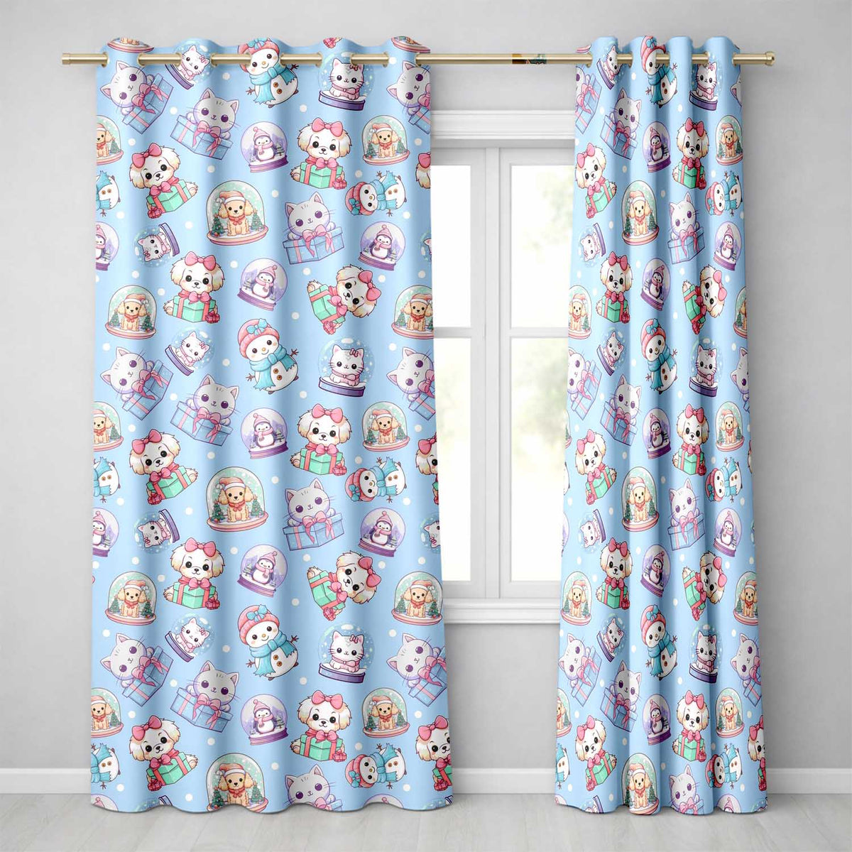 Cute Cute Kittens Puppies Snow Globes Christmas Seamless Pattern  Readymade Eyelet Ring Top Thermal 100% Blackout Curtains