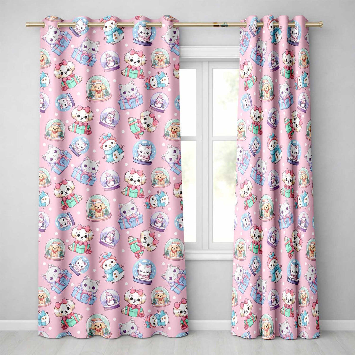 Cute Christmas Kittens Puppies Snow Globes Pink Background Seamless Pattern  Readymade Eyelet Ring Top Thermal 100% Blackout Curtains