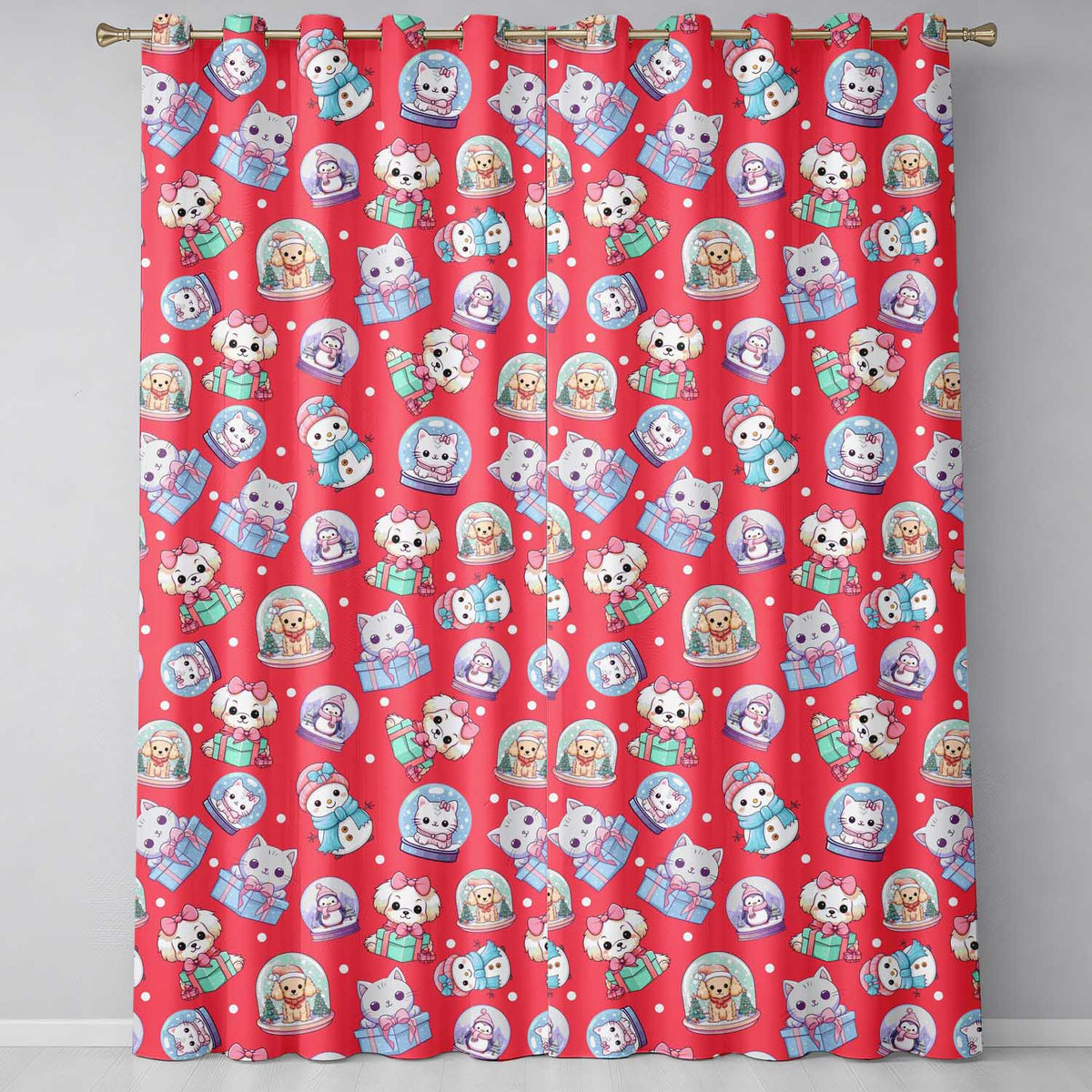 Cute Christmas Kittens Puppies Snow Globes Red Background Seamless Pattern  Readymade Eyelet Ring Top Thermal 100% Blackout Curtains