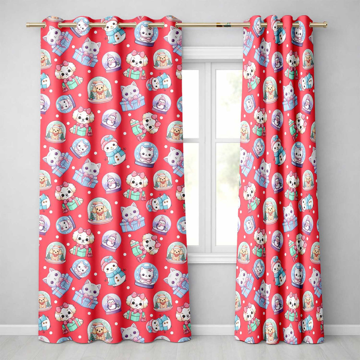Cute Christmas Kittens Puppies Snow Globes Red Background Seamless Pattern  Readymade Eyelet Ring Top Thermal 100% Blackout Curtains