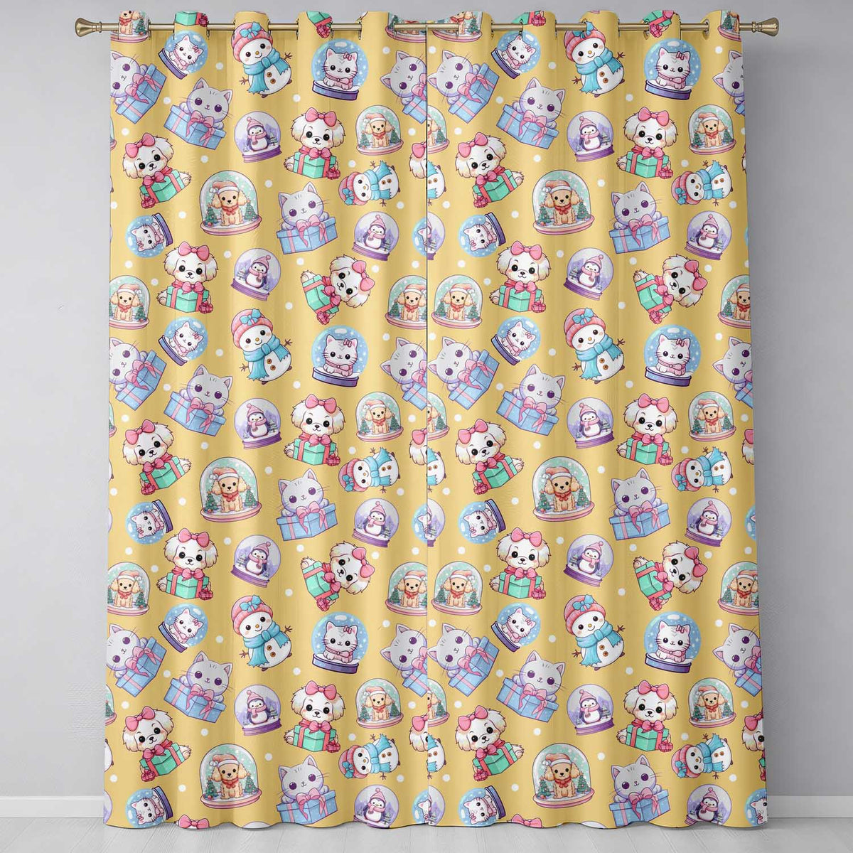 Cute Christmas Kittens Puppies Snow Globes Gold Background Seamless Pattern  Readymade Eyelet Ring Top Thermal 100% Blackout Curtains