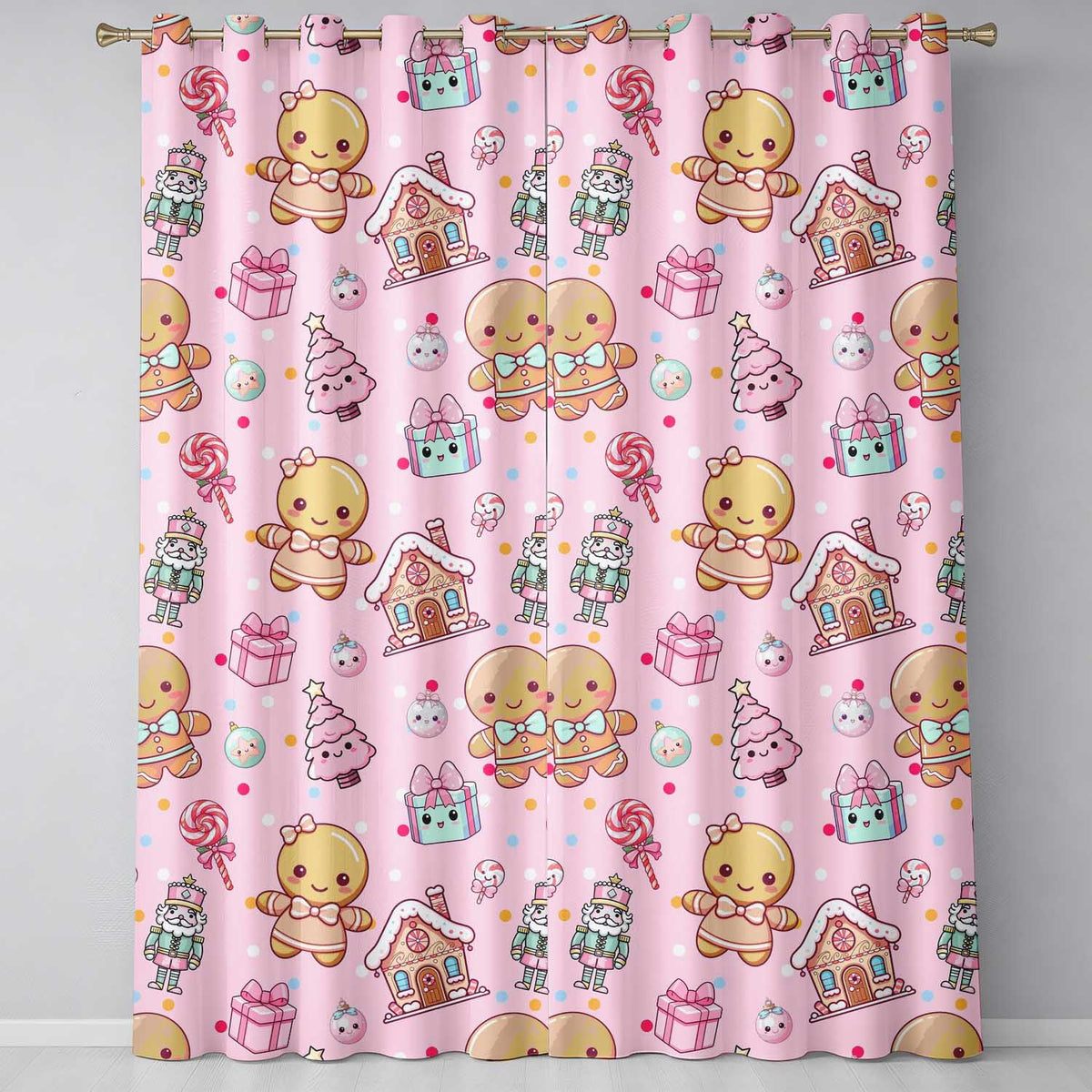 Cute Gingerbread Candy House Sweets Pink Background Seamless Pattern  Readymade Eyelet Ring Top Thermal 100% Blackout Curtains