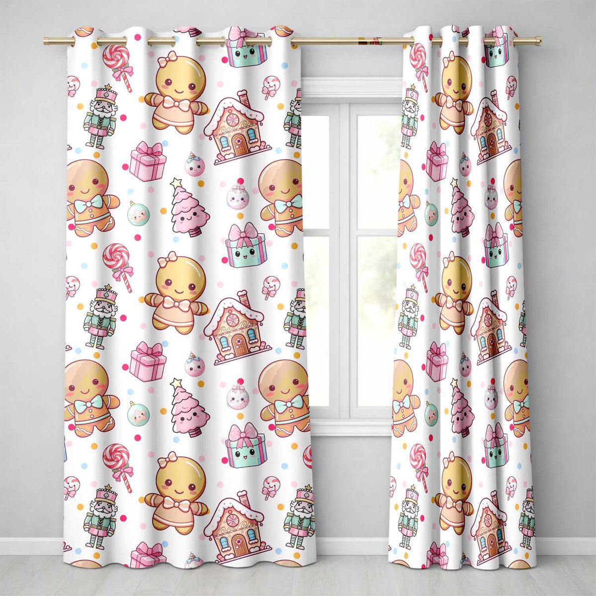 Cute Gingerbread Girl Candy House Sweets Grey Background Seamless Pattern  Readymade Eyelet Ring Top Thermal 100% Blackout Curtains