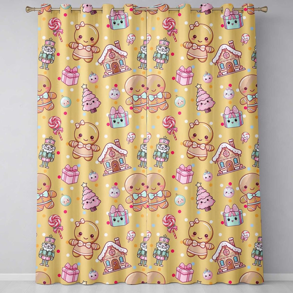 Cute Gingerbread Girl Candy House Sweets Gold Background Seamless Pattern  Readymade Eyelet Ring Top Thermal 100% Blackout Curtains