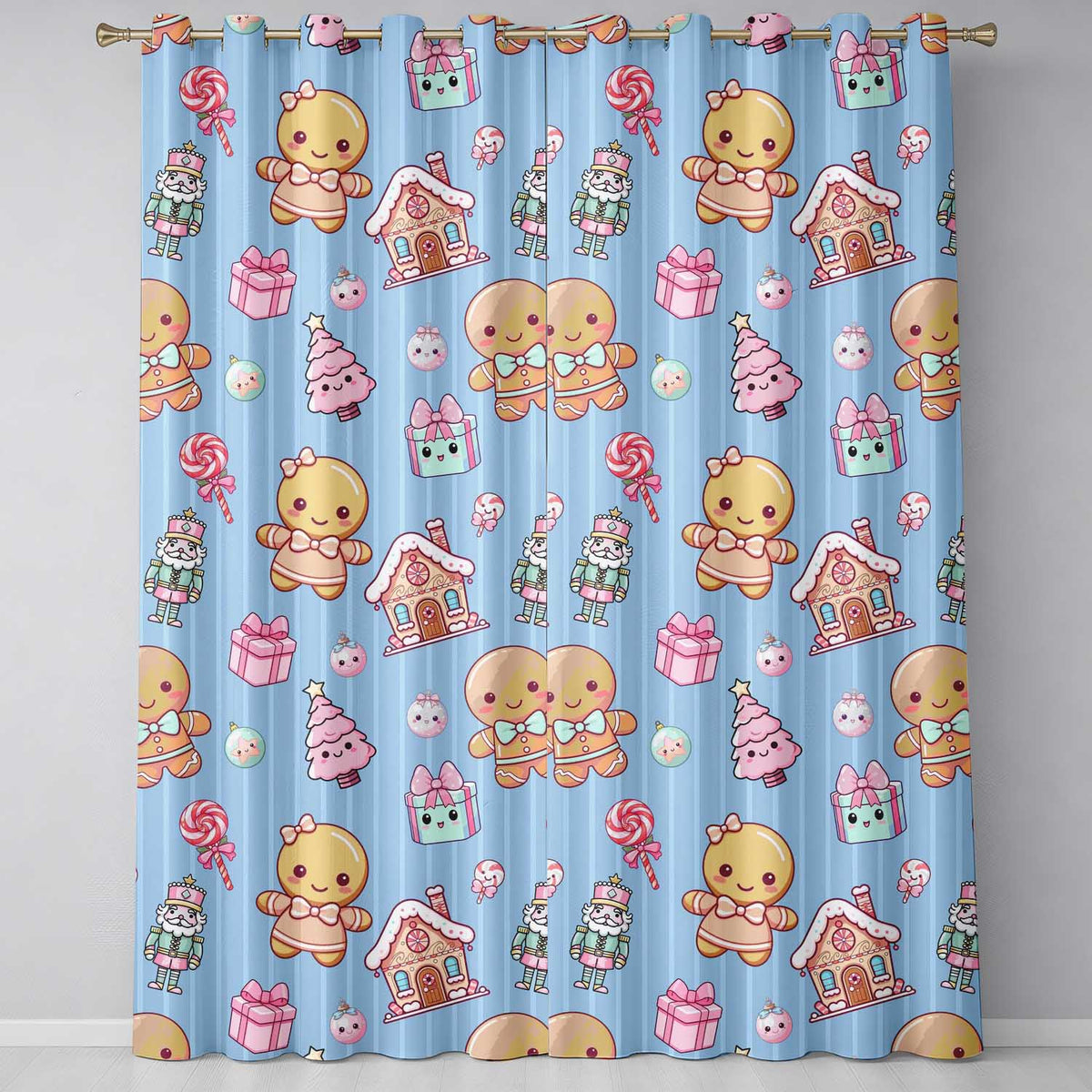 Cute Gingerbread Girl Candy House Sweet Blue Stripe Background Seamless Pattern  Readymade Eyelet Ring Top Thermal 100% Blackout Curtains